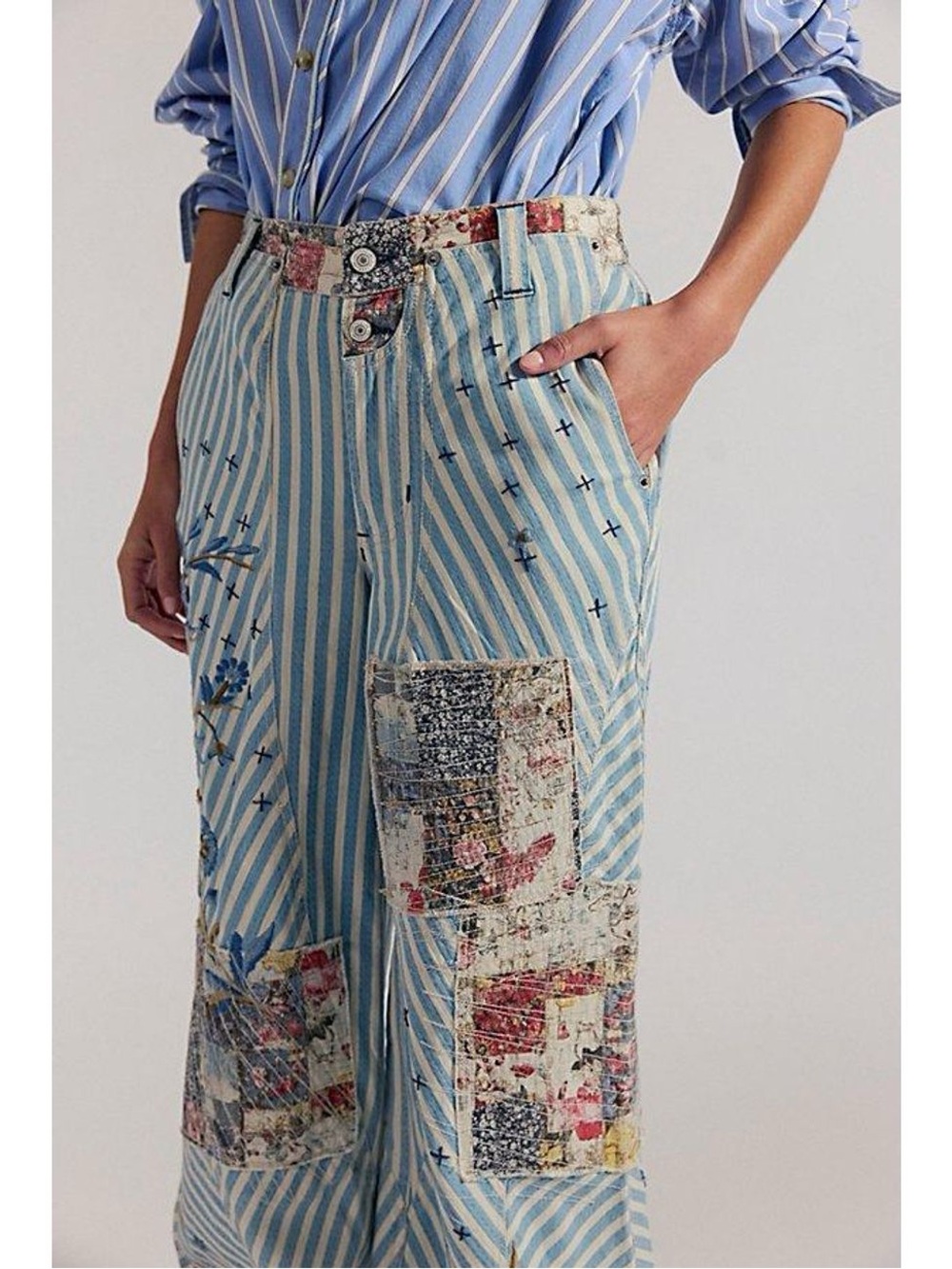 Free People Women's Blue Runyon Patched Craft Pants Size 8 NWOT